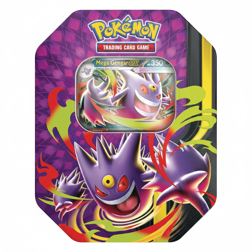 Pokemon TCG Mega Moonlit Tin featuring Mega Gengar ex