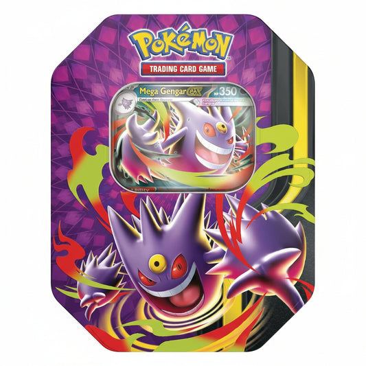 Pokemon TCG Mega Moonlit Tin featuring Mega Gengar ex