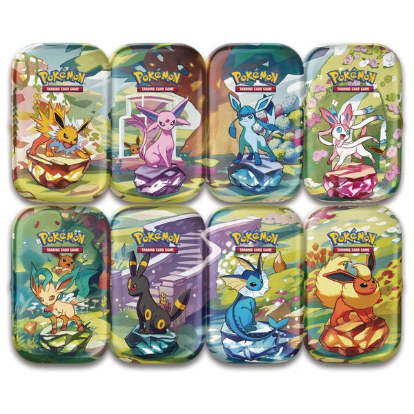 Pokemon TCG Prismatic Evolutions Mini Tins showing the eight possible random designs